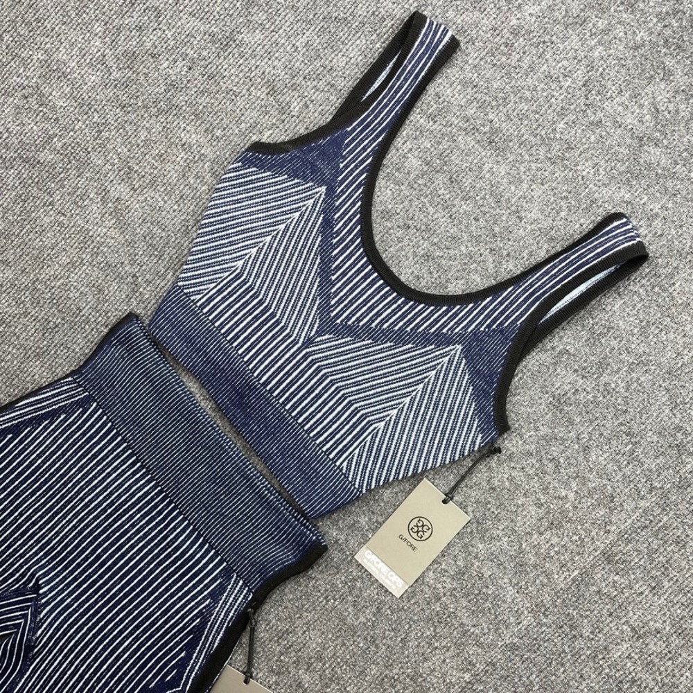 G/FORE Women Ribbed Biker Navy Blue White Striped Crop Top and Shorts Set NEW